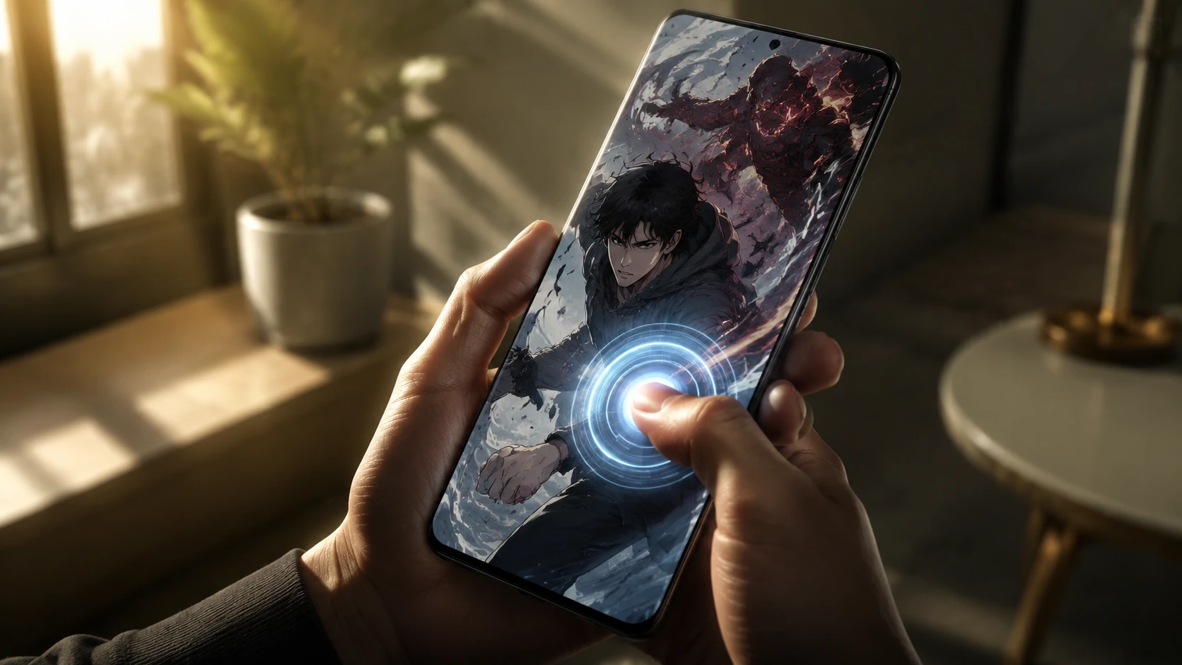 A hand holding a modern smartphone showing a webtoon with haptic ripple effects under the thumb