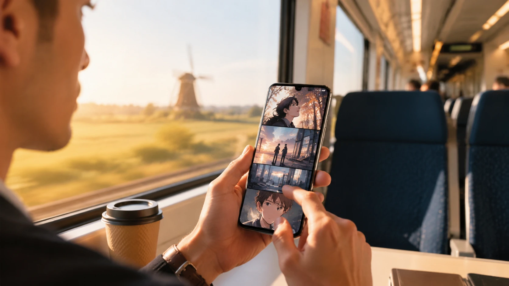 Een persoon die een webtoon leest op een smartphone in een moderne Nederlandse trein tijdens zonsopgang.