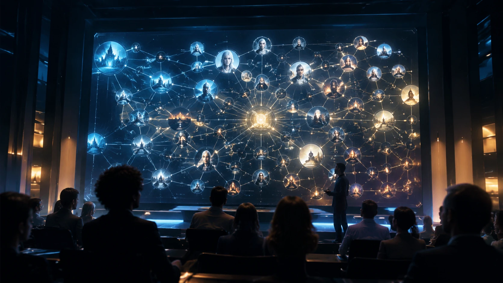 A futuristic digital summit presentation showing an interconnected web of story threads and character nodes, with professional silhouettes i