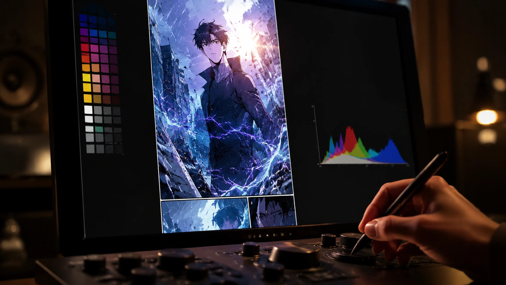 Macro detail van een professionele monitor die kleurgradatie toont voor een verticale webtoon met kleurvlakken en technische kalibratie-inst