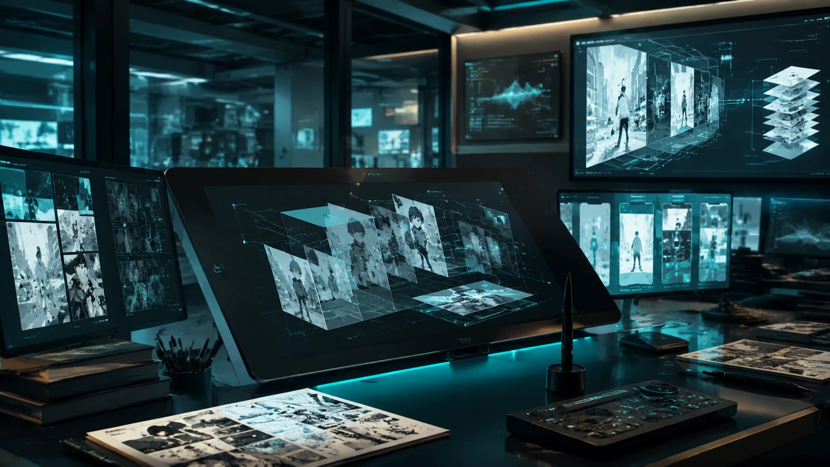 Ruang kerja penerbitan futuristik dengan monitor layar lebar yang menampilkan skema teknis panel webtoon yang responsif