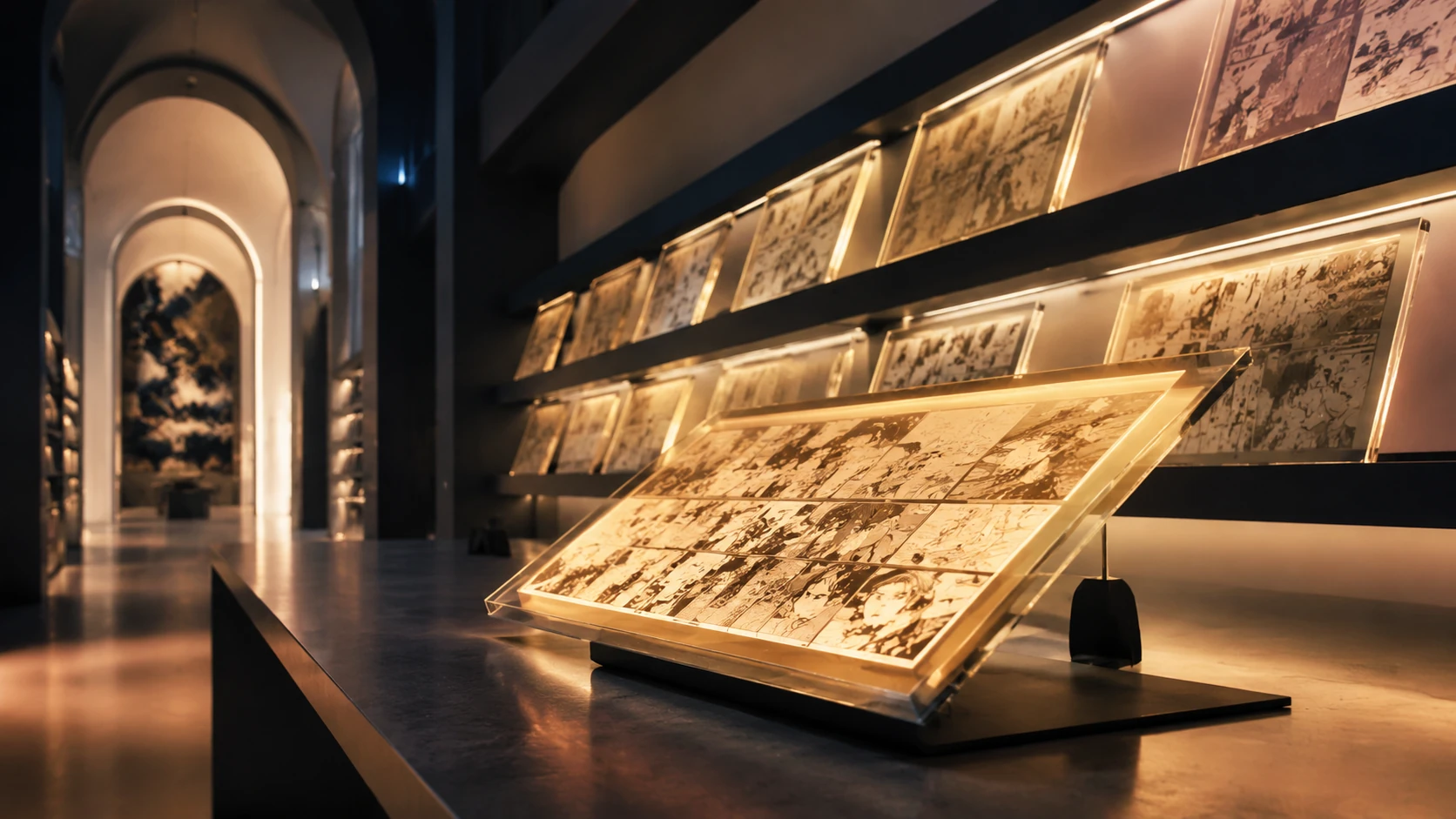 Et sofistikeret digitalt bibliotek med glødende tablets, der repræsenterer organiseret viden og kurateret indhold i et moderne webtoon-miljø