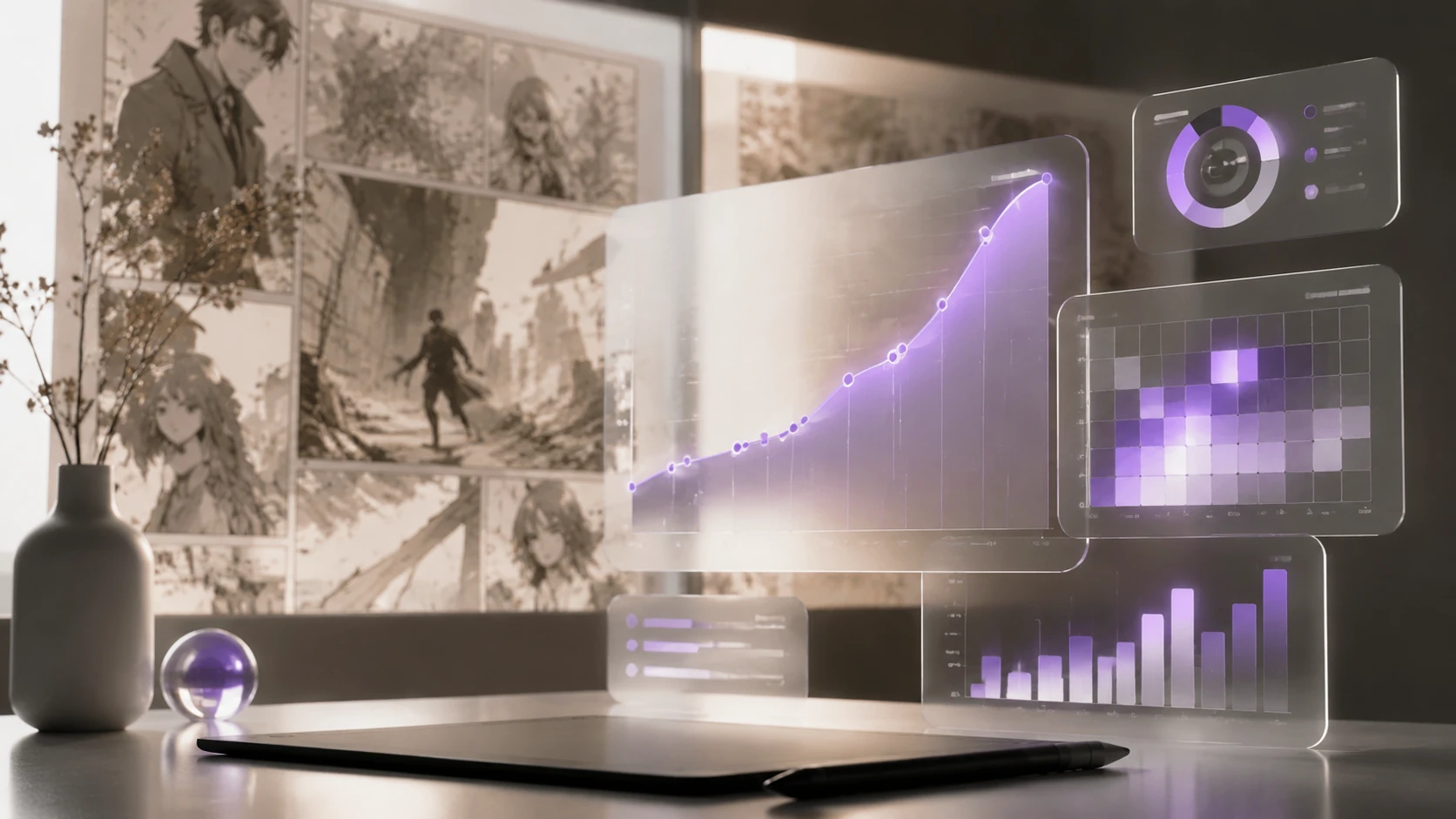 Abstrakt digitalt dashboard med gennemsigtige grafer overlejret på stiliserede webtoon-paneler
