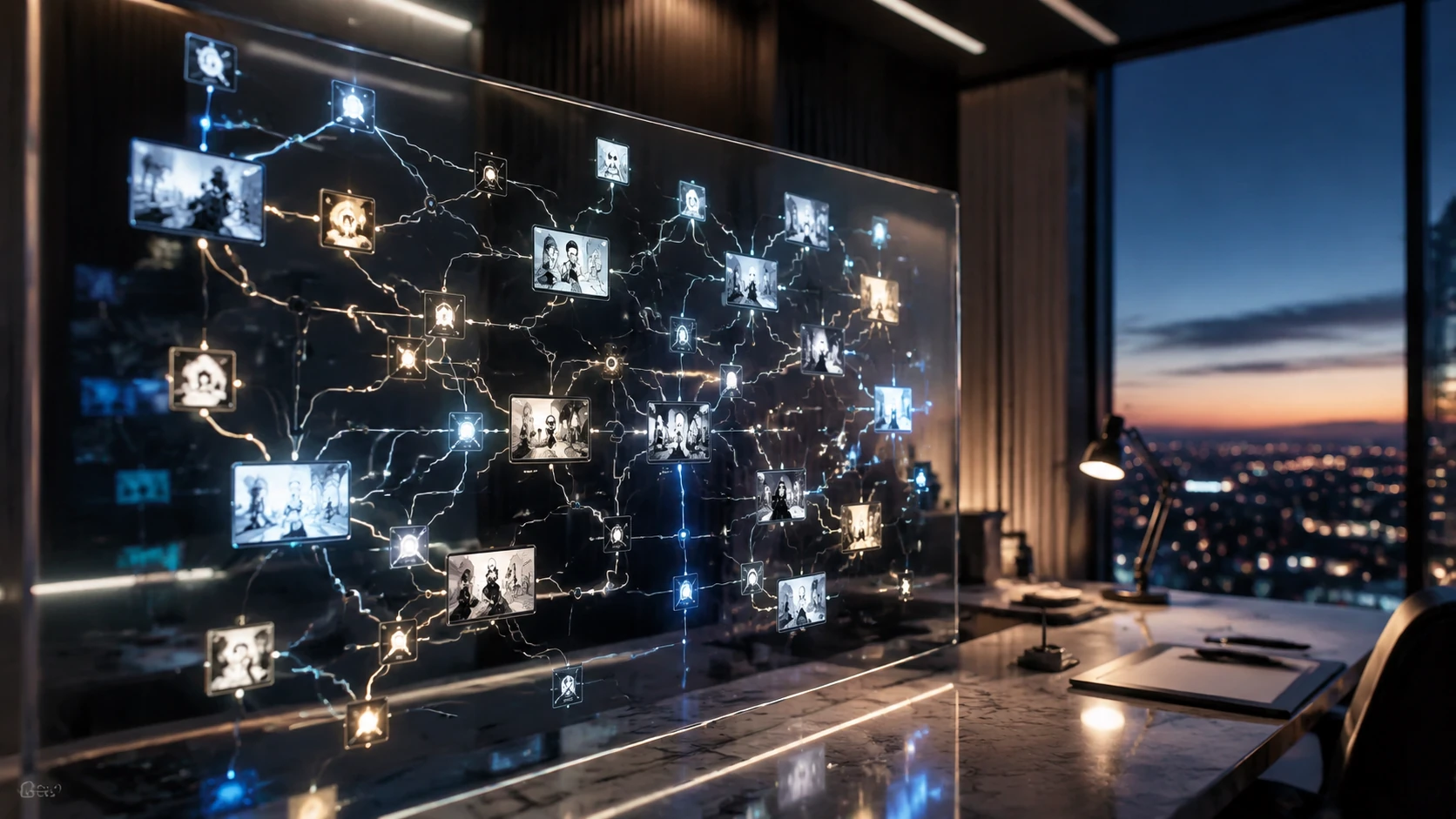 Et futuristisk arbeidsområde som viser et komplekst nodediagram av en interaktiv historie på en gjennomsiktig glasskjerm.
