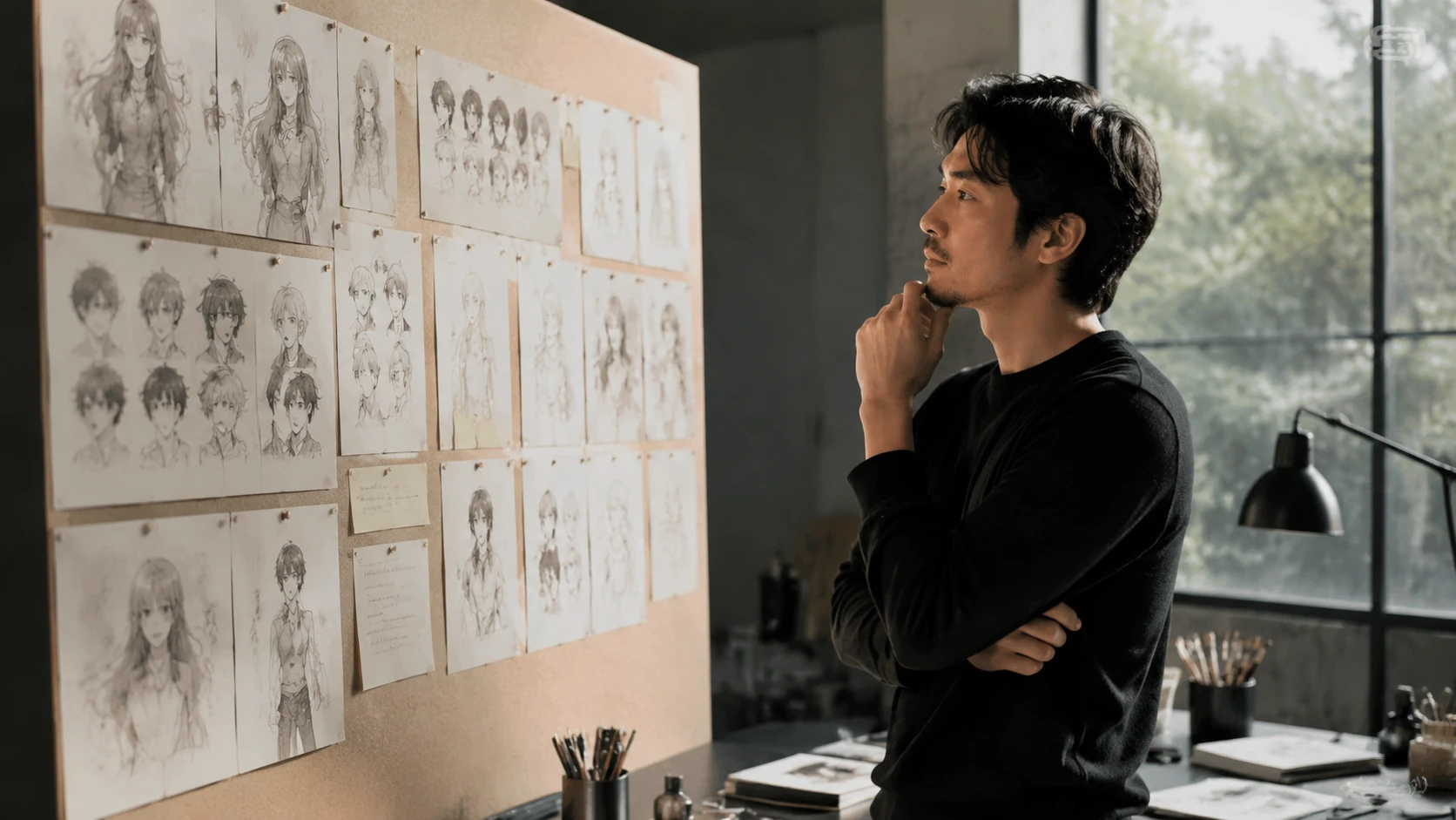 A professional creator in a minimalist studio reviewing a character development board with various emotional expressions and personality not
