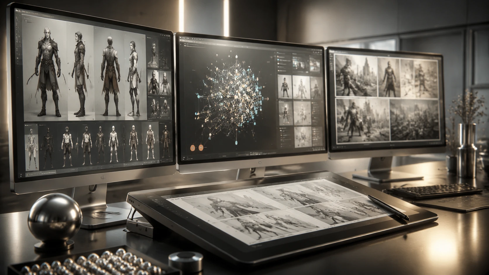 A futuristic digital comic studio workspace with multiple screens showing character model sheets, latent space maps, and consistent panel se