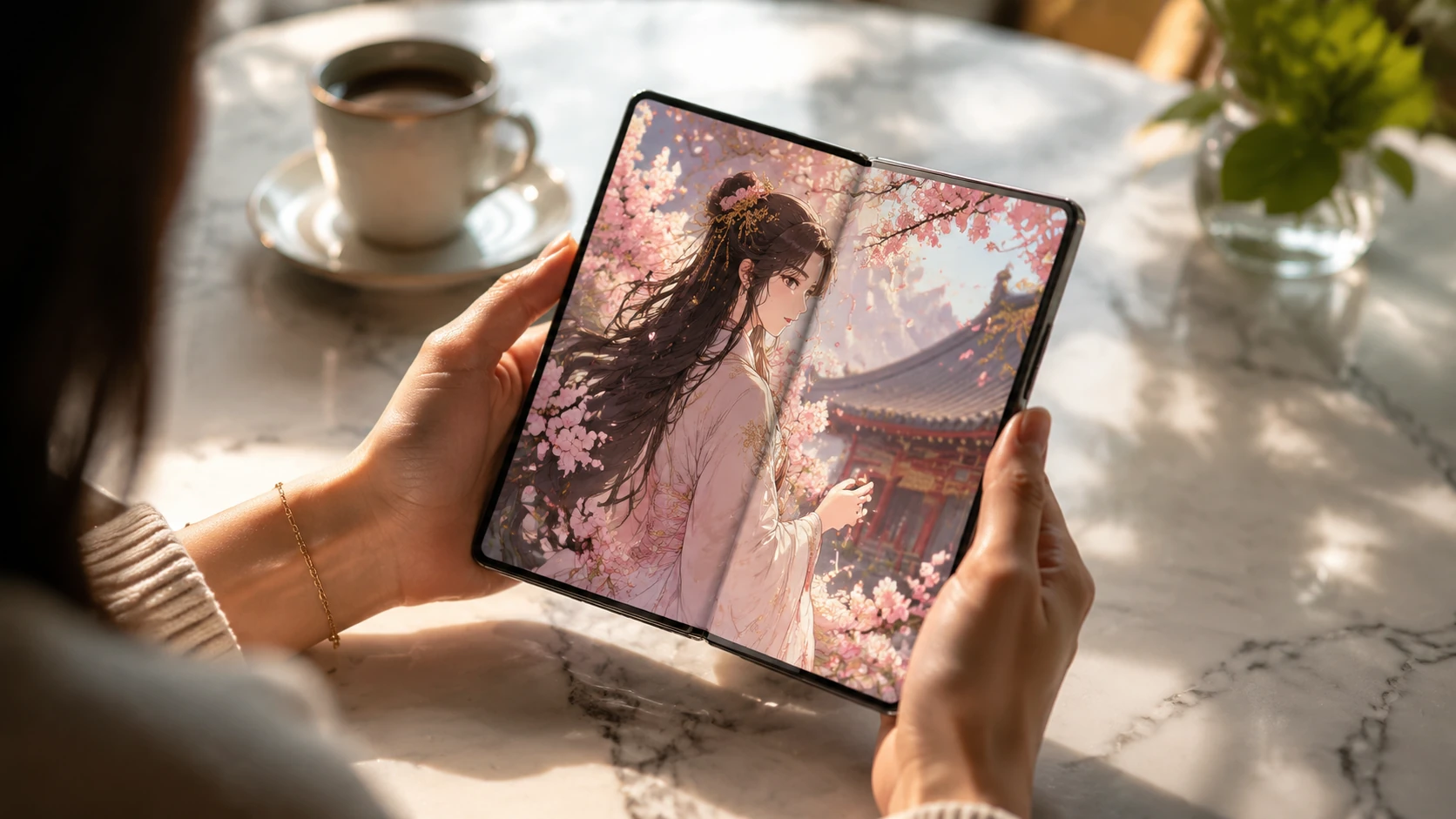 A high-end foldable mobile device displaying a vibrant webtoon interface in a minimalist, bright cafe setting.
