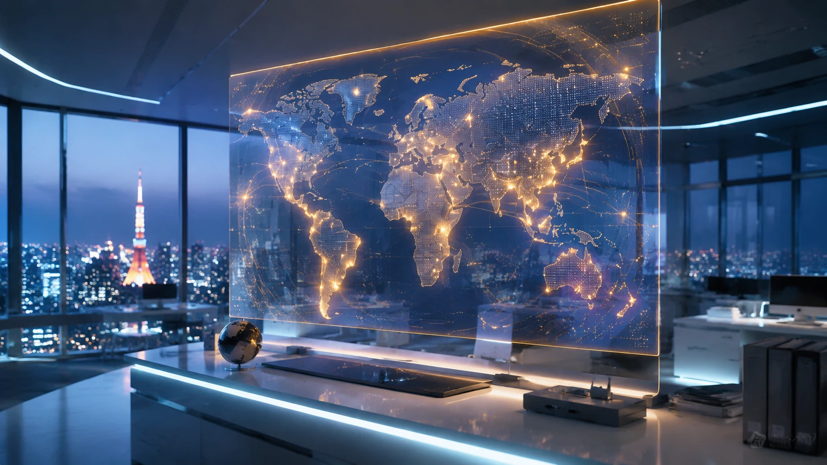 A sophisticated digital industry dashboard in a modern newsroom, showing global manga consumption heatmaps and glowing nodes of digital lice