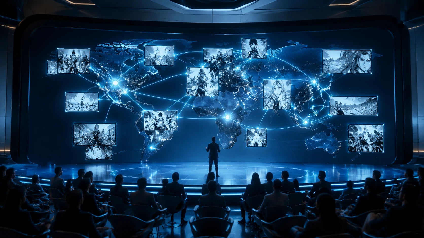 A premium global summit stage showing a digital world map connecting various comic panels with glowing nodes, representing international syn