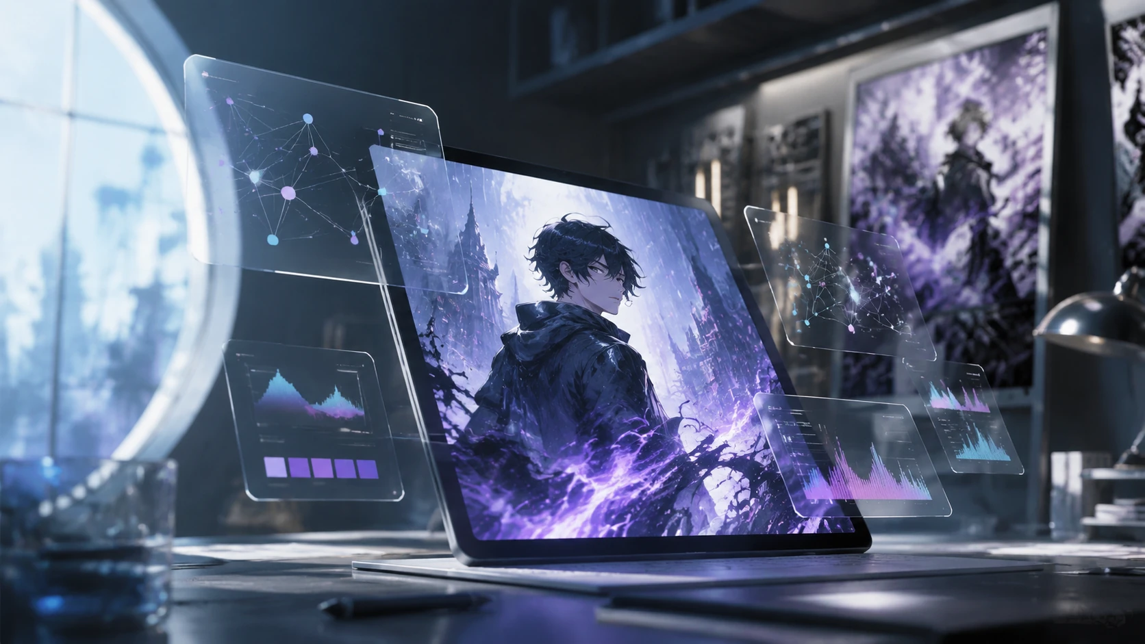Giao diện phân tích AI hiện đại hiển thị một panel webtoon được quét bởi các thẻ dữ liệu thực thể, biểu đồ xếp hạng tìm kiếm và các lớp phủ 