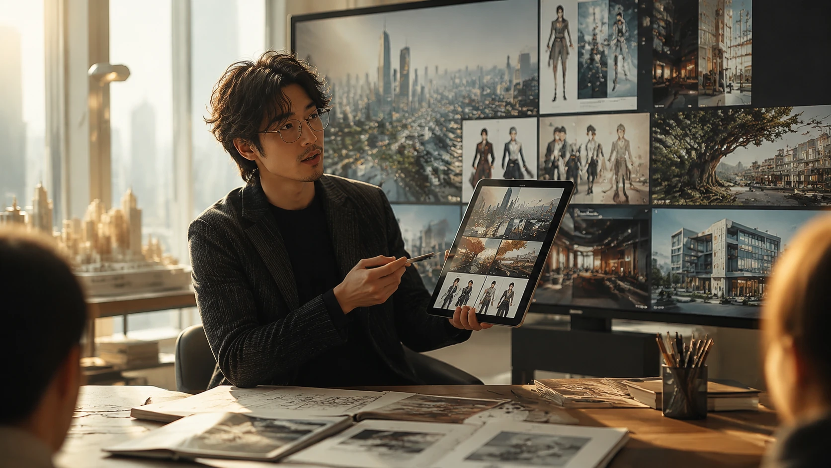 A professional creator in a refined studio discussing a narrative strategy with business executives, looking at a digital board showing comi