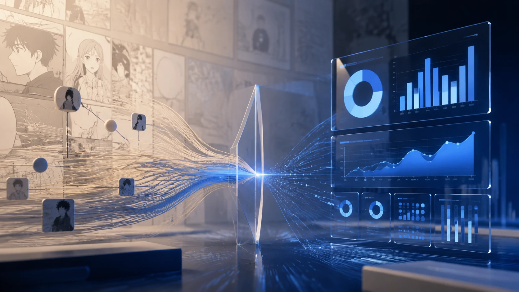 Abstract data visualization overlays on translucent comic panels with glassmorphism effects