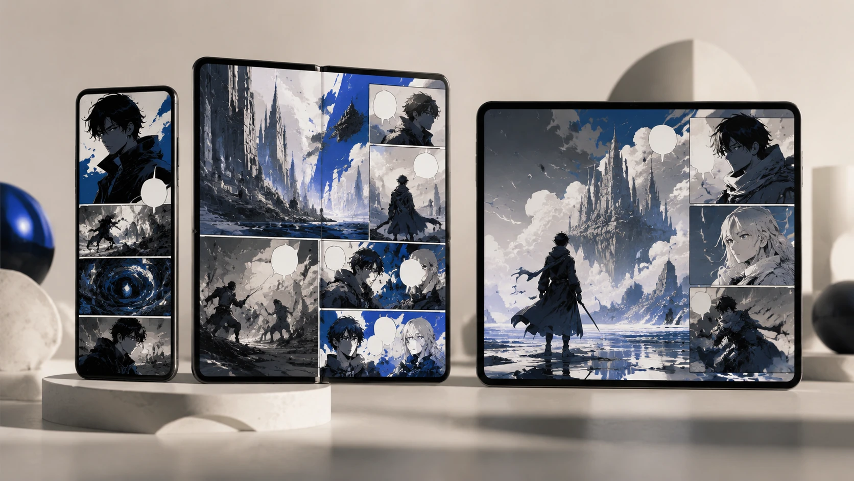 A high-end split-screen visualization of a single webtoon panel adapting its layout and density across three different device aspect ratios: