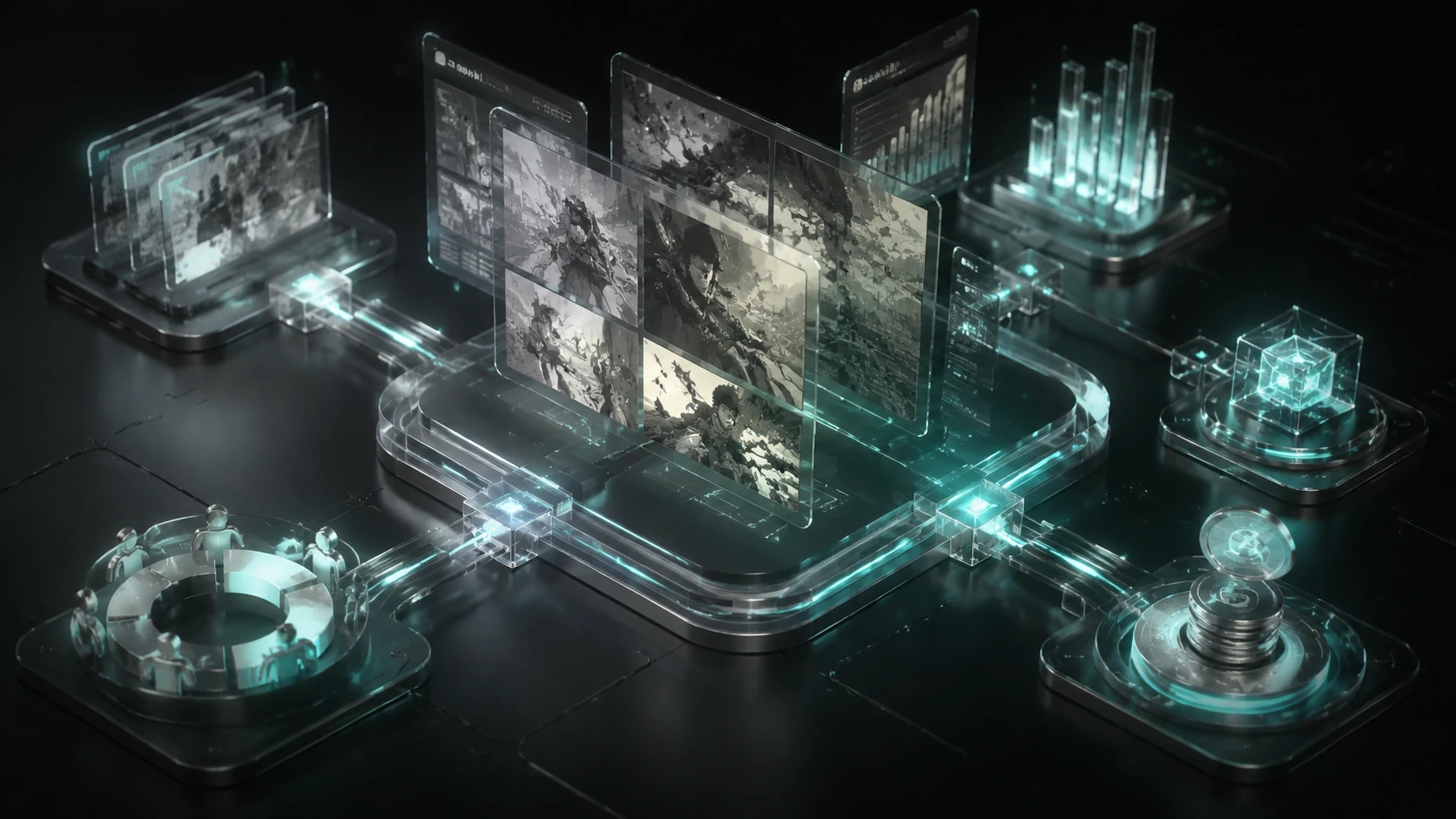 A futuristic digital dashboard representing liquid licensing with glassmorphism charts and comic panel nodes connected by glowing data strea
