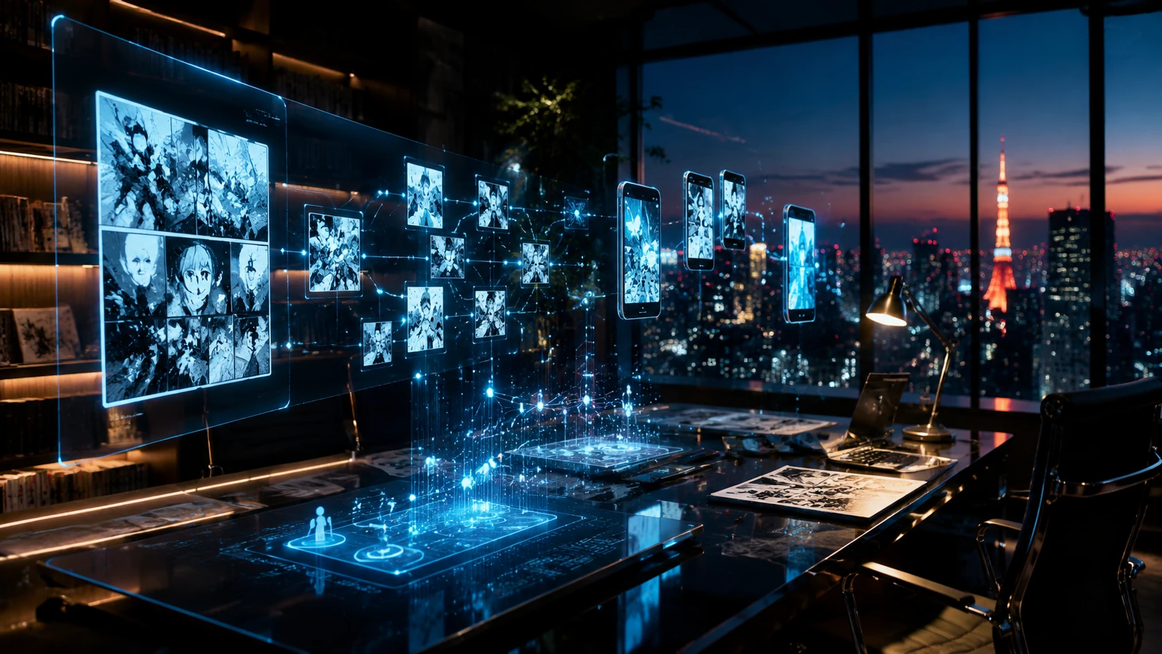 A futuristic digital newsroom in Tokyo showing holographic data streams of reader behavior and interconnected comic panels across multiple s