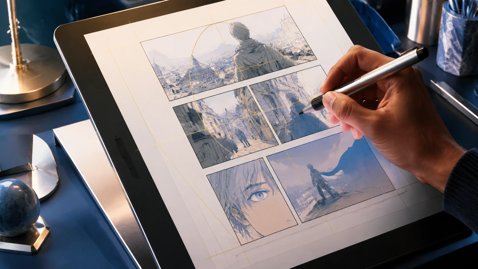 A macro detail shot of a professional webtoon production workspace showing precise panel borders on a digital screen and color swatches.