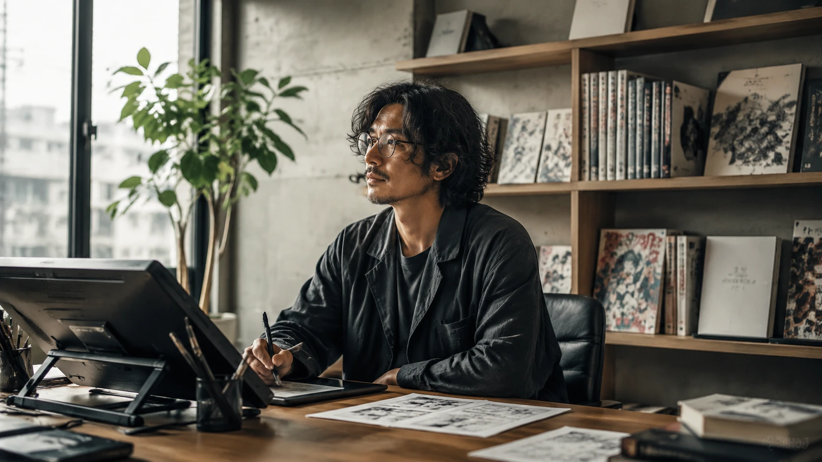 洗練されたスタジオで、自身の作品と向き合う独立系クリエイターのポートレート