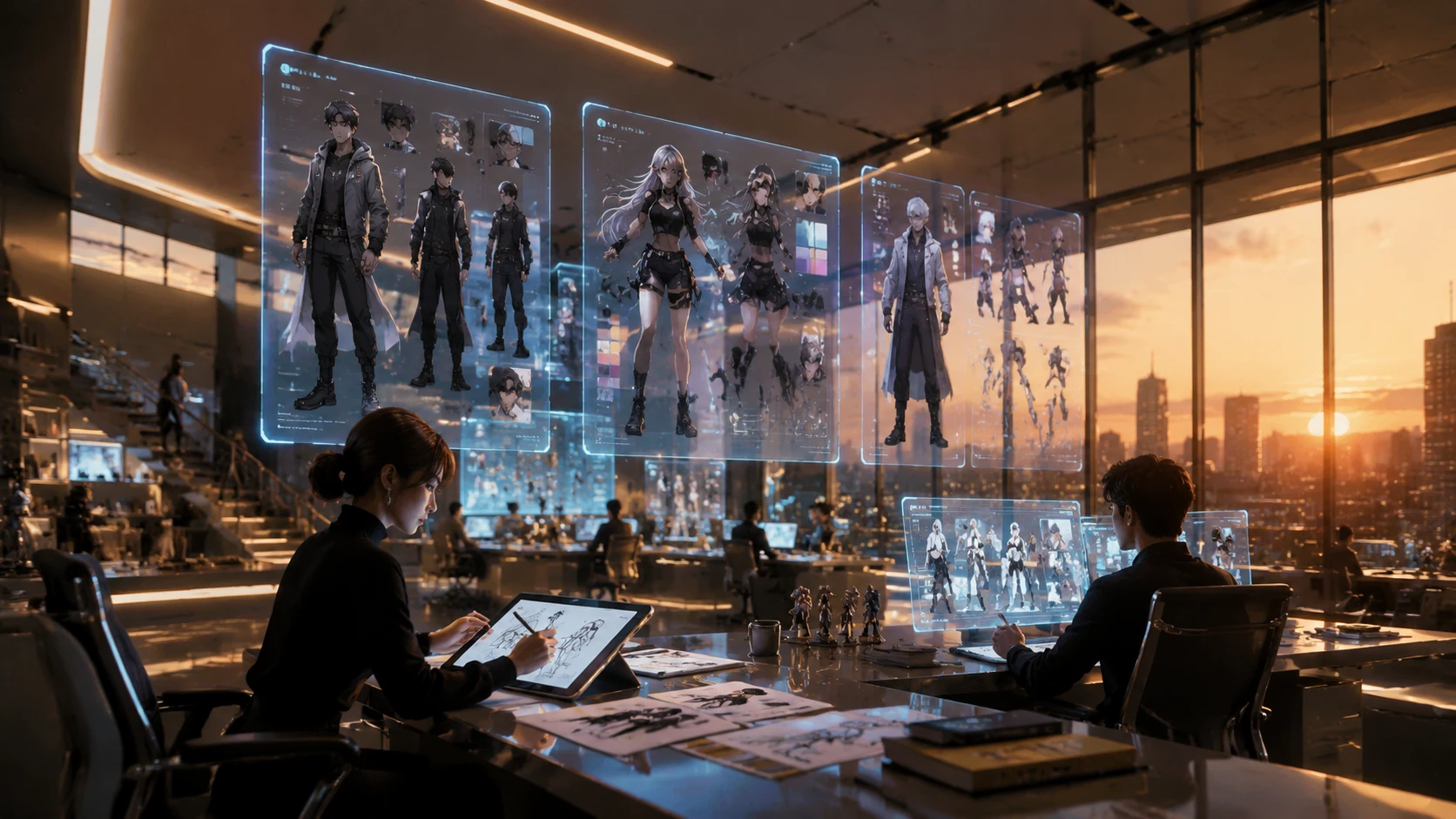 A wide-angle shot of a high-end digital newsroom featuring sleek, transparent glass displays that showcase various webtoon character models 