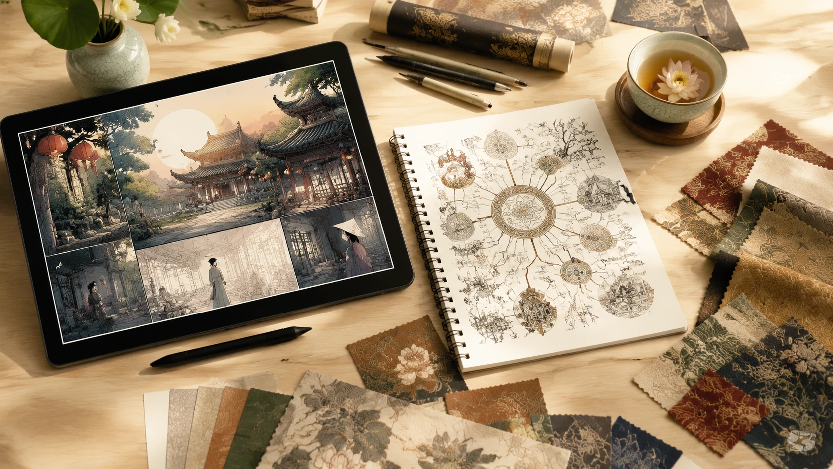 Một không gian làm việc tối giản với các bản thảo Webtoon kết hợp cùng các chi tiết văn hóa Việt Nam đương đại, tạo cảm giác chuyên nghiệp v