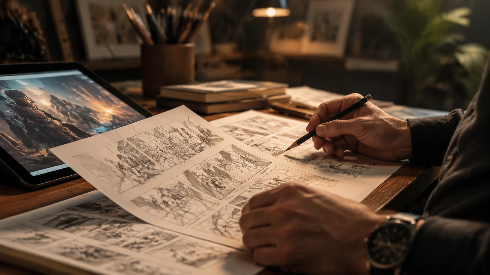 Primer plano cinematográfico de un creador revisando miniaturas de guion gráfico en un escritorio limpio con iluminación editorial cálida