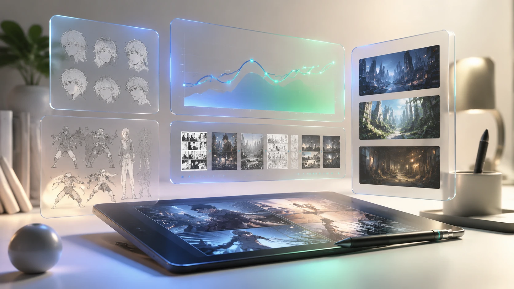 A clean, modern creator dashboard with glassmorphism panels showing modular comic assets, a tablet with a workflow diagram, and soft editori