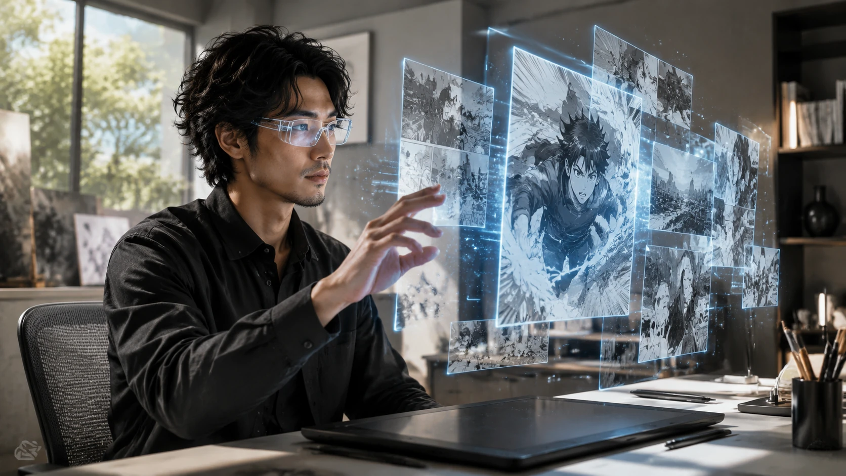 スマートグラスを着用し、空間に浮かぶ3Dレイヤー化されたマンガのコマを編集するクリエイターの姿
