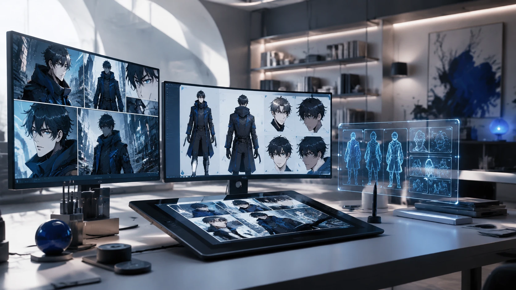 Un workspace digitale futuristico con schermi multipli che mostrano lo sviluppo di un personaggio webtoon attraverso diverse angolazioni e s