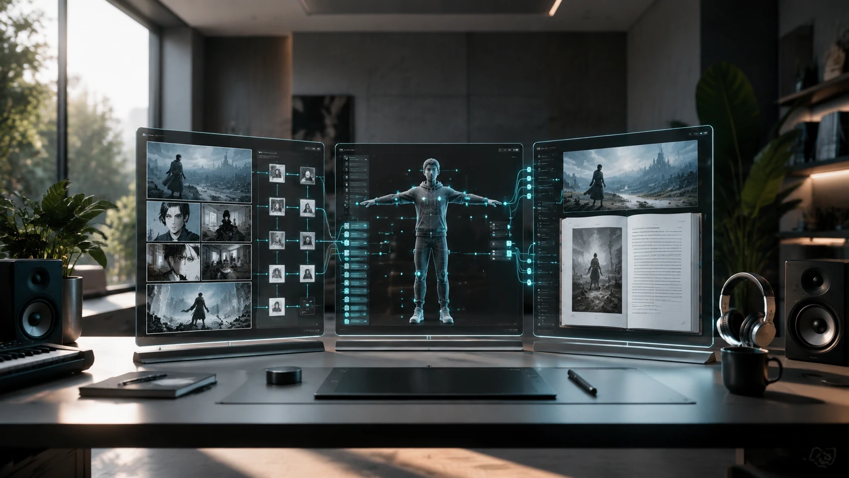 A futuristic digital script interface showing a single narrative block branching into webtoon panels, 3D game environments, and novel prose