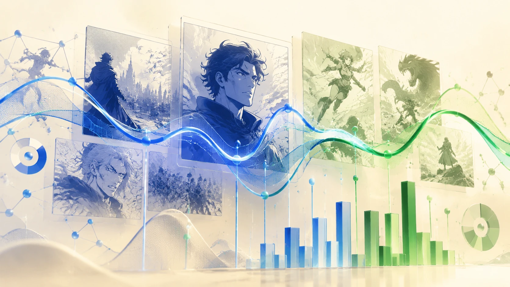 An abstract, high-end editorial dashboard displaying narrative arcs as flowing glowing lines, overlaid with comic panel structures and data