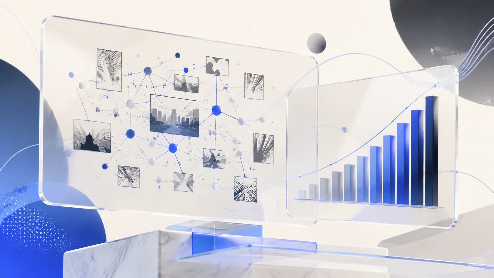 Abstract creator economy dashboard showing semantic authority scores, comic panel silhouettes, and data visualization in a premium editorial