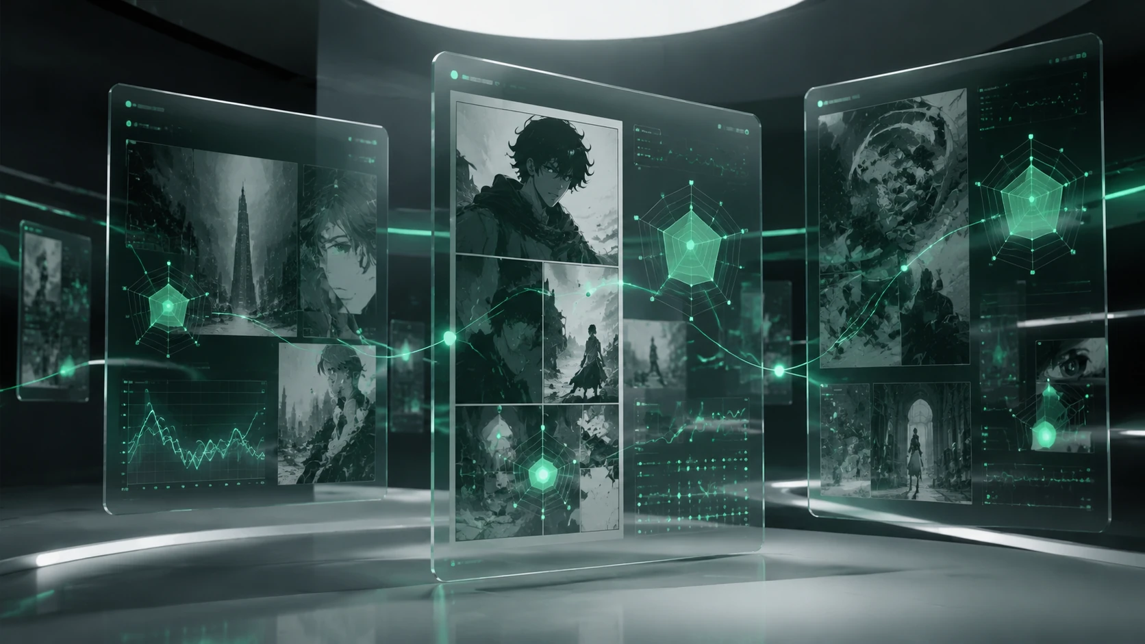 A high-end digital dashboard visualizing reader psychographic data with abstract comic panel outlines and glowing glassmorphism data nodes.