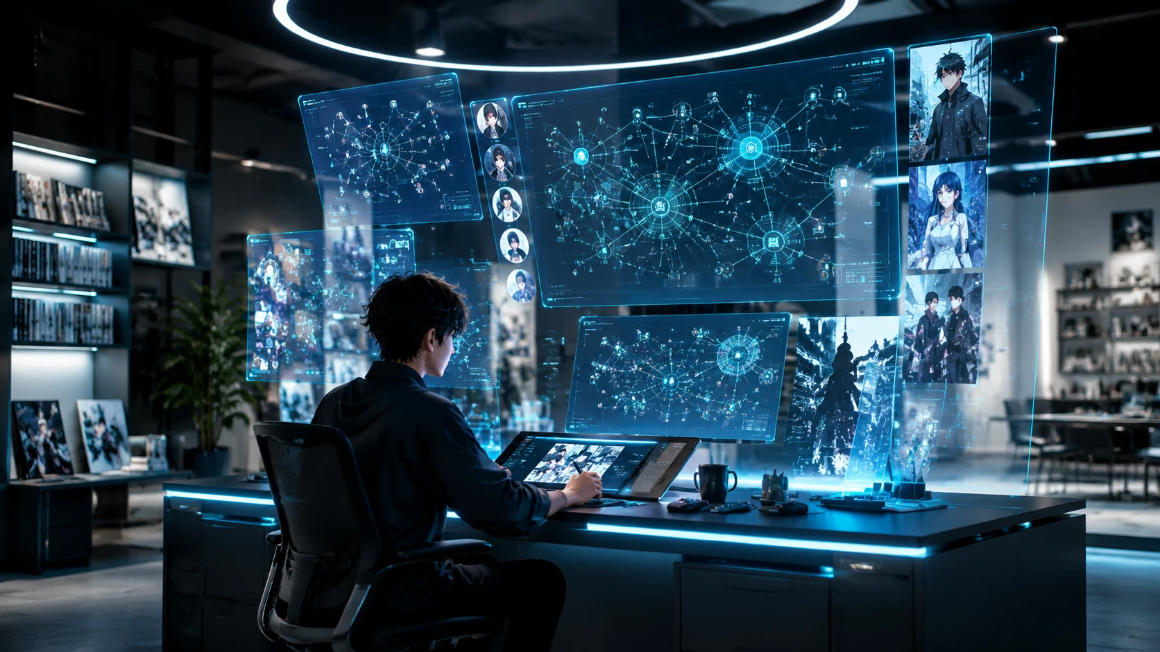 Un tableau de bord technologique futuriste montrant des flux de données sémantiques reliant des cases de webtoon à un noyau d'intelligence a