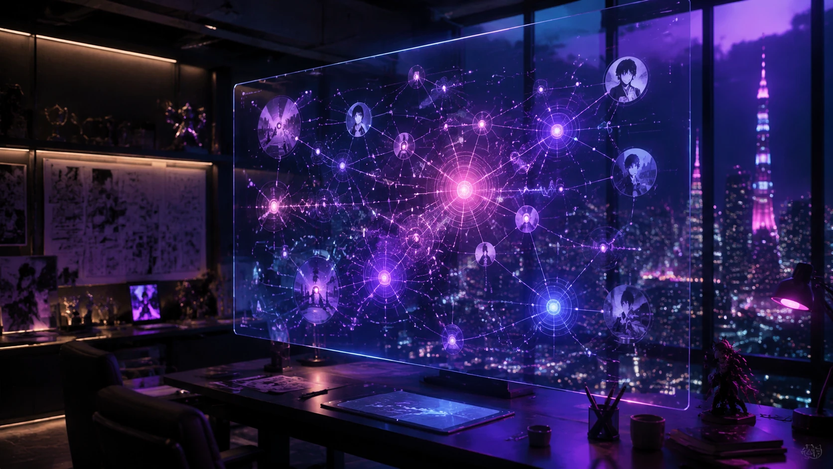 A conceptual digital studio showing a creator analyzing a complex emotional resonance map of a story, with glowing nodes representing reader
