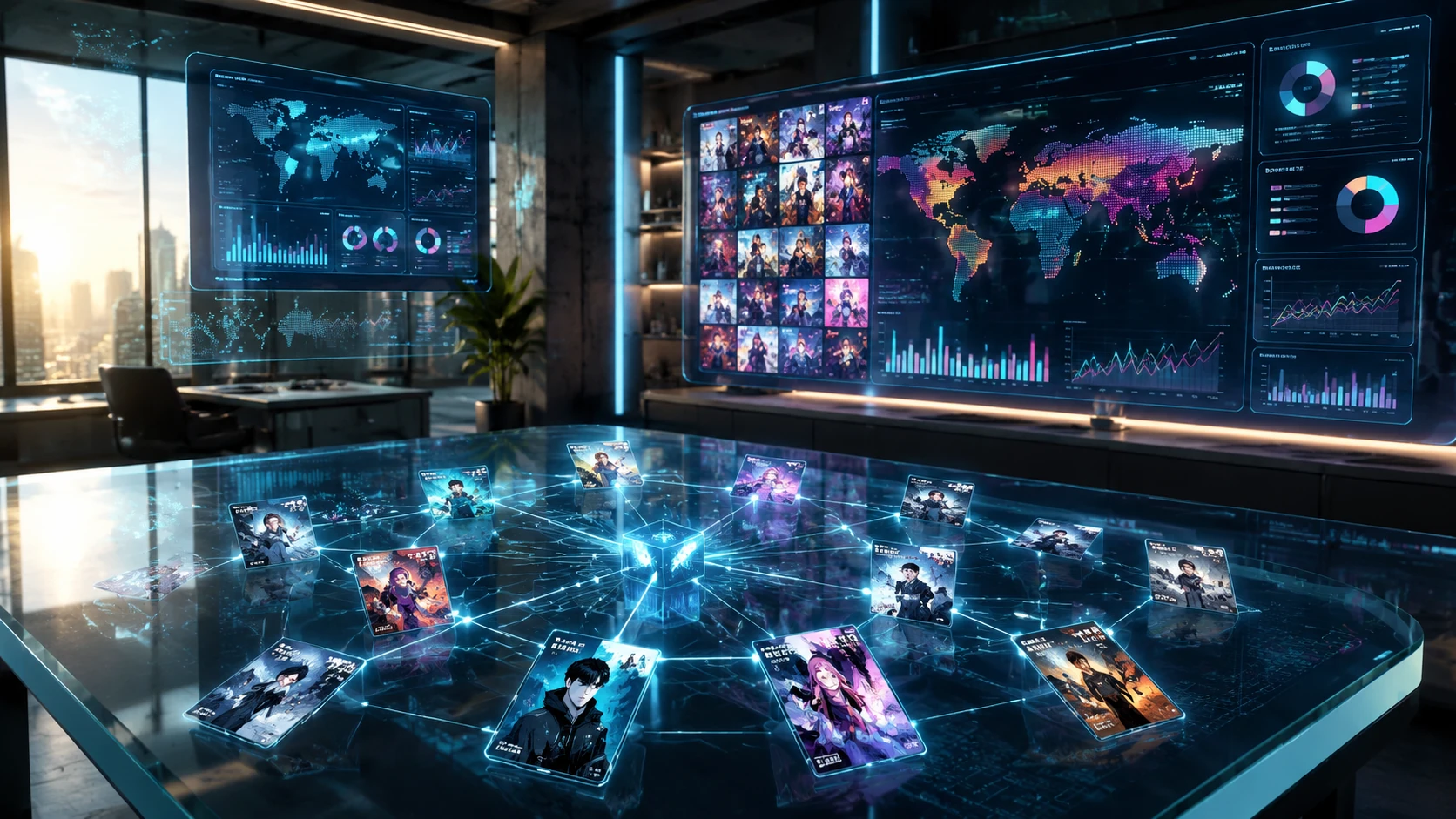 A high-end digital newsroom featuring holographic displays of decentralized comic networks and market data metrics.
