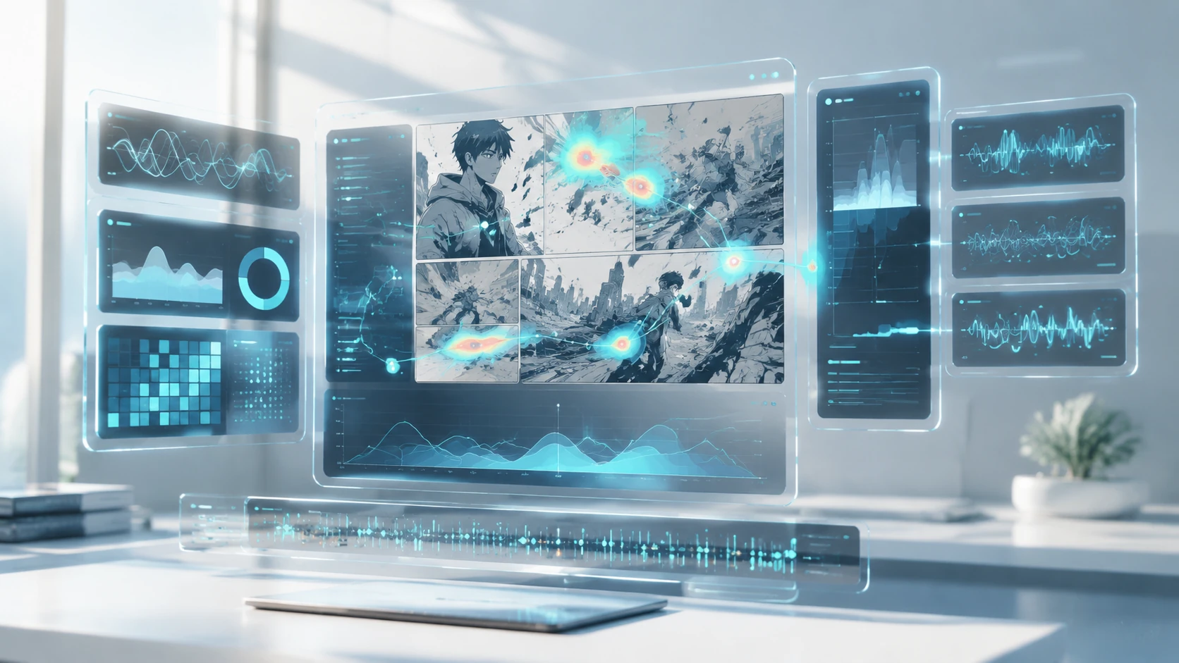 A sophisticated digital dashboard showing abstract comic panels and flowing data streams representing reader behavior signals.