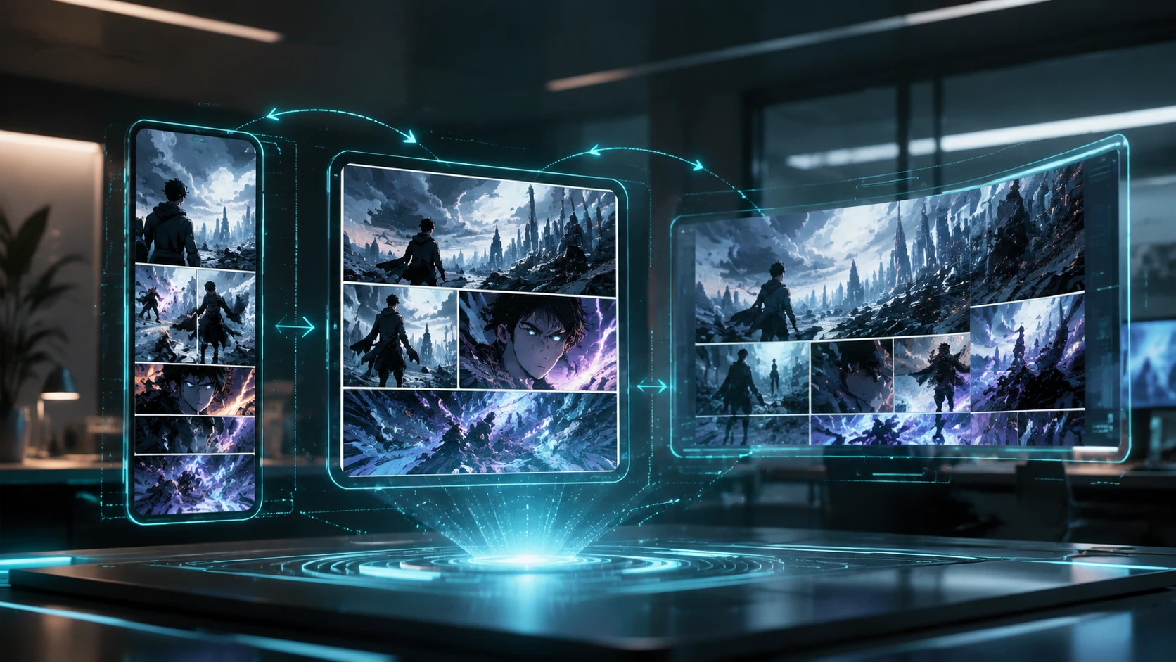 Interface holographique de prévisualisation webtoon montrant un chapitre s'adaptant à différents formats d'écrans dans un studio futuriste