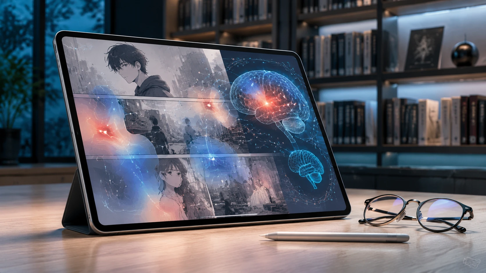 A scholarly and modern editorial scene featuring a glowing digital tablet displaying a comic layout with overlaid brain activity heatmaps an