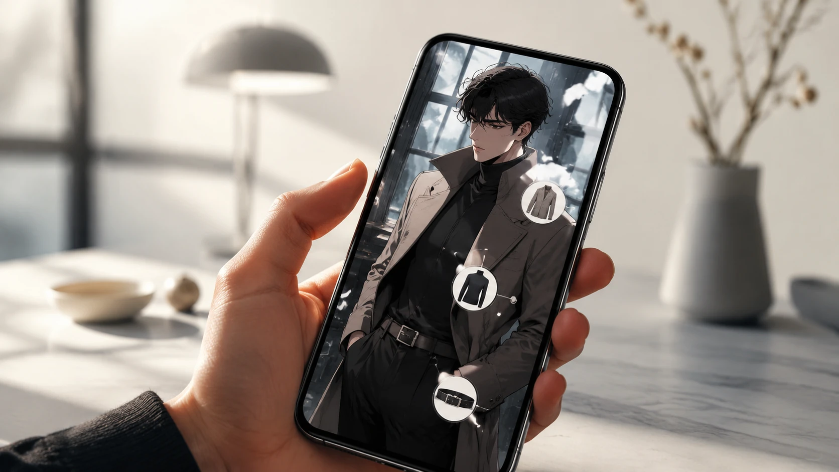 Un smartphone affichant un webtoon élégant avec une interface de shopping discrète intégrée aux cases de la bande dessinée.