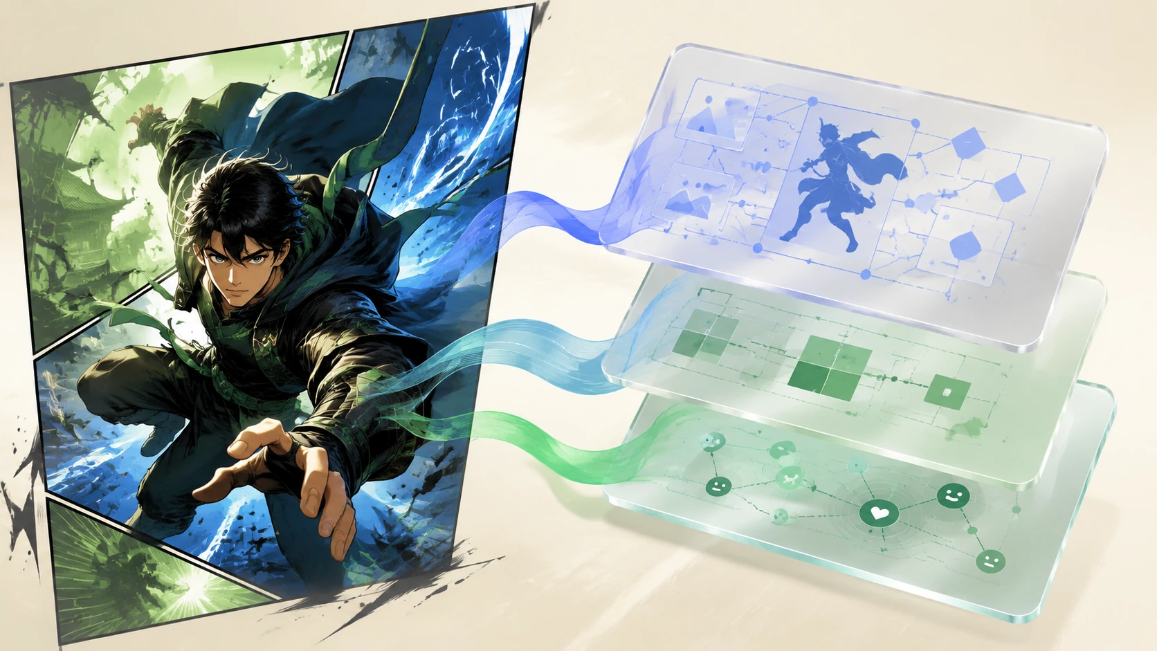 A high-end editorial diagram showing a webtoon panel being decomposed into narrative, visual, and spatial metadata layers for a screen reade