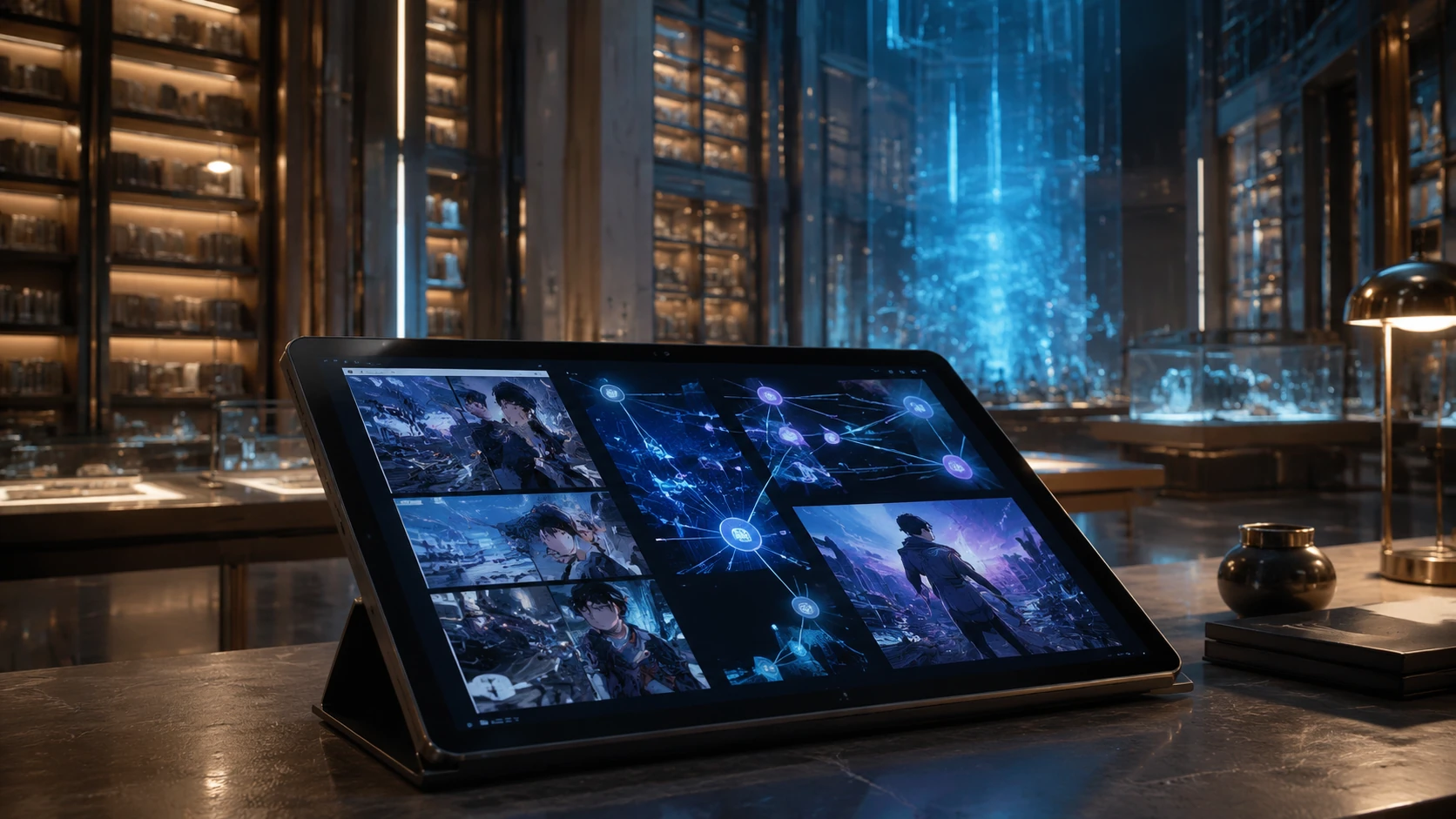 Un'elegante biblioteca digitale con scaffali fluttuanti che mostrano fumetti in diverse lingue, illuminati dalla luce calda di un tablet pro