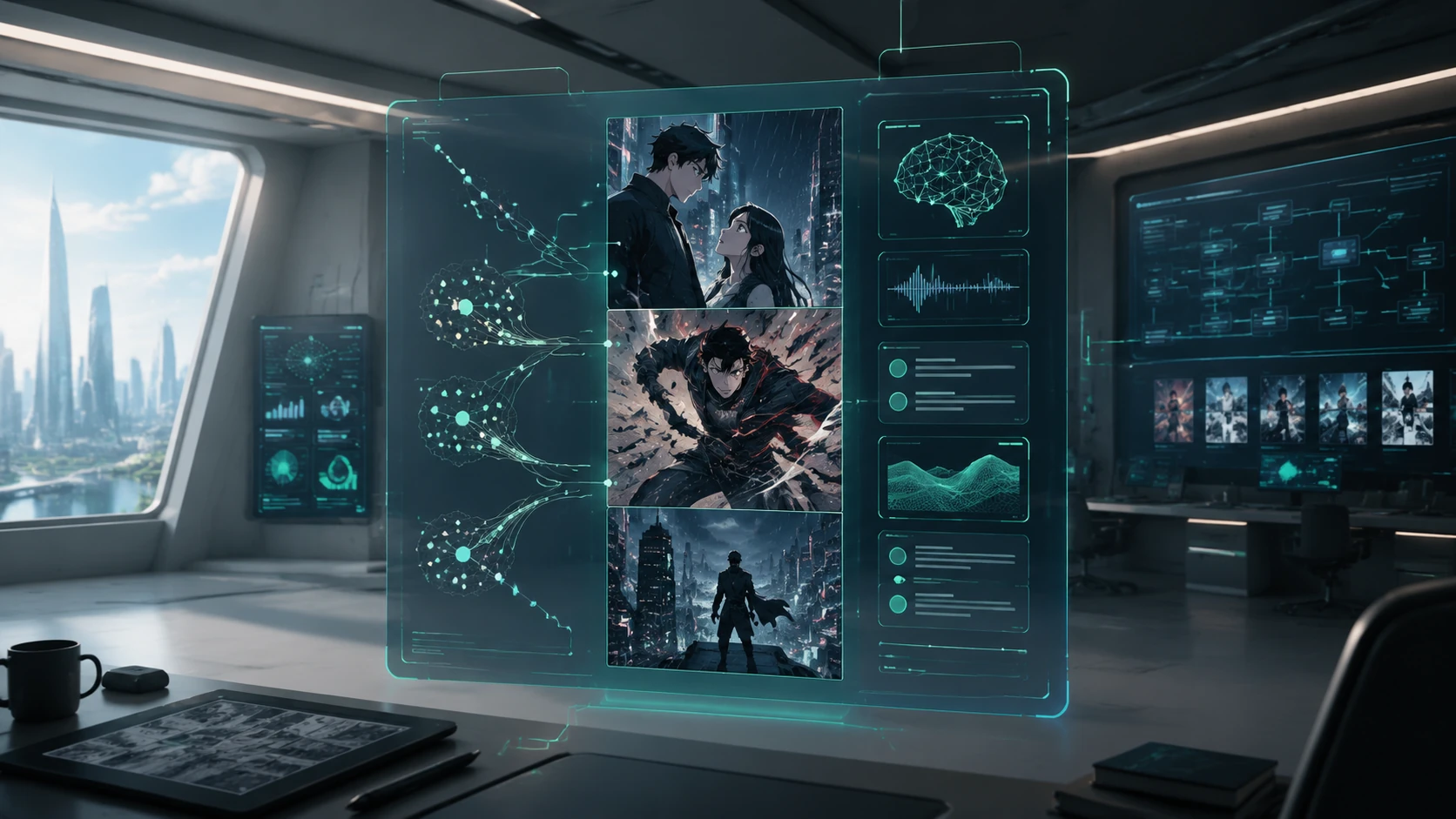 A high-tech digital interface showing a webtoon panel being decomposed into floating semantic data nodes and vector points, editorial style.