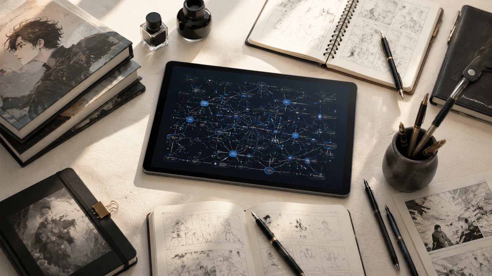 A minimal luxury overhead flat lay featuring a high-end digital tablet showing story architecture diagrams, surrounded by organized script n