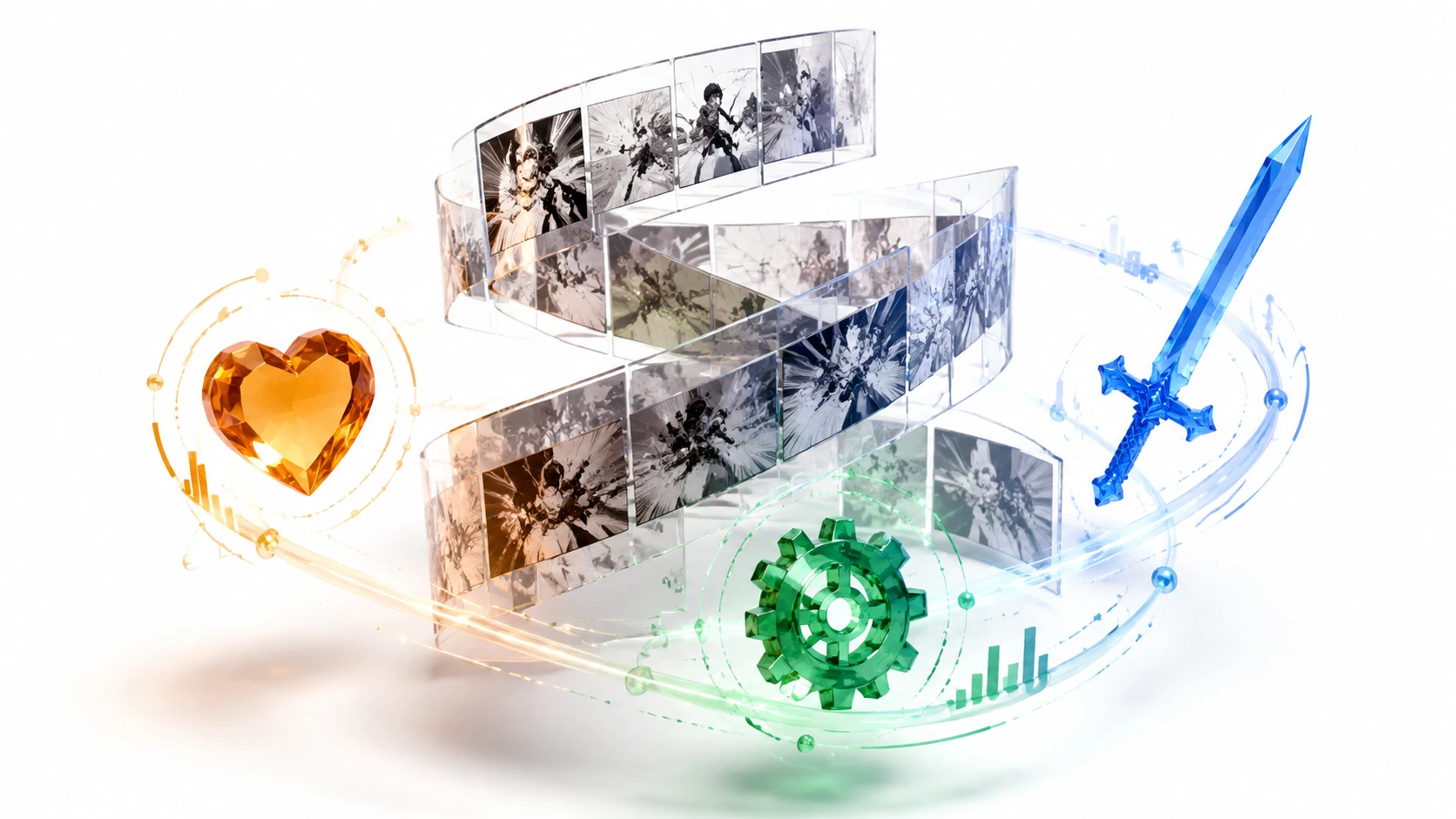 A 3D editorial composition showing floating translucent comic panels with genre icons like swords, hearts, and gears merging into a central