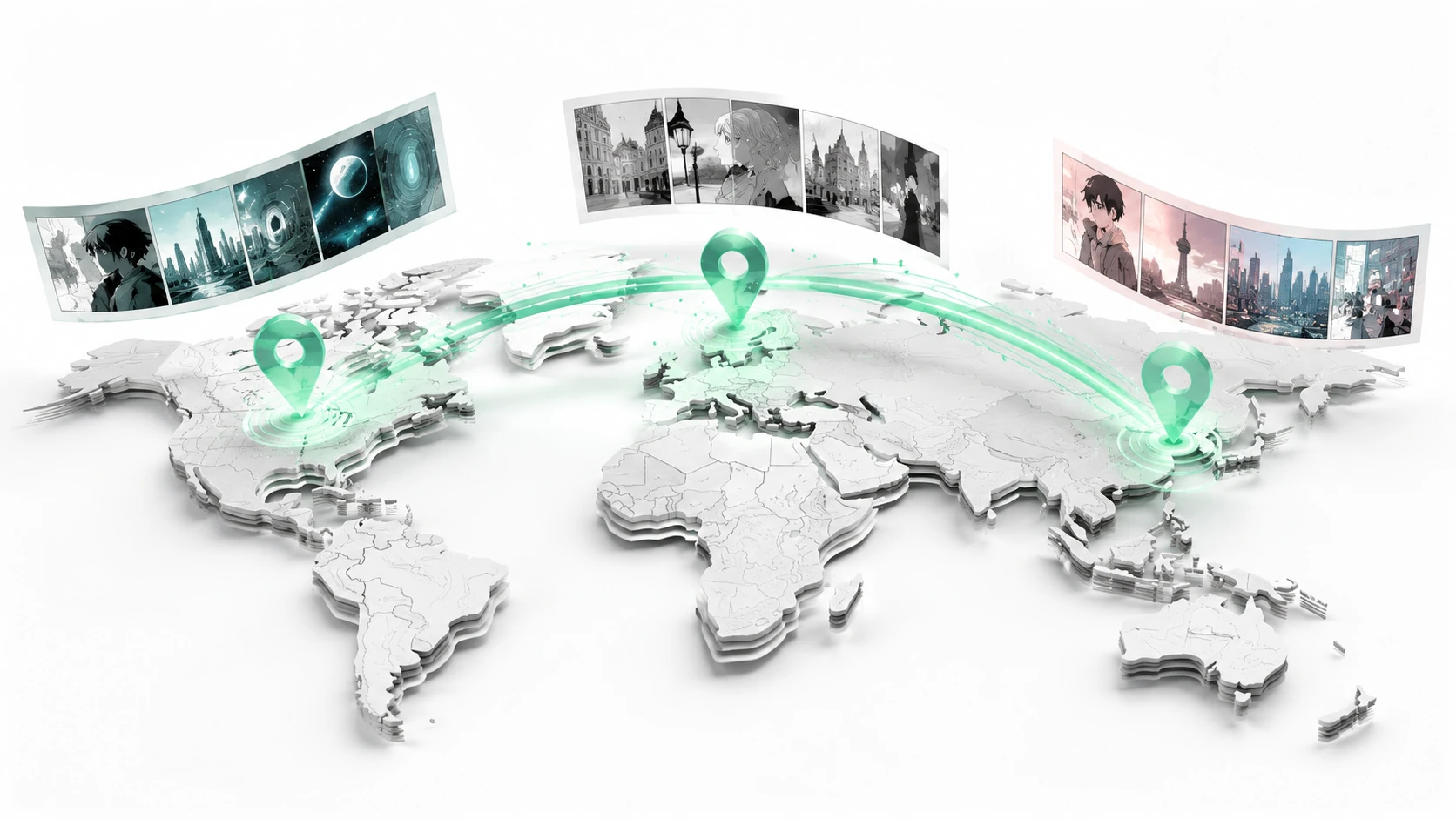 A stylized 3D map of the globe with floating webtoon panels, glass location pins, and translucent data arcs connecting major global cities,
