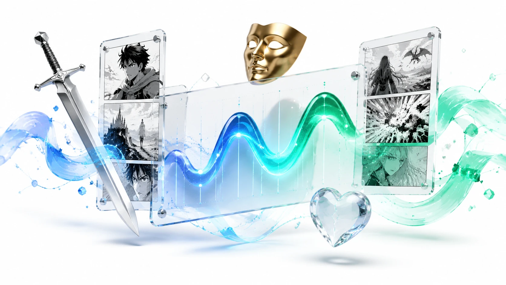 A floating 3D composition showing a glass prism refracting a manga story arc into distinct semantic nodes and archetypal icons, set against