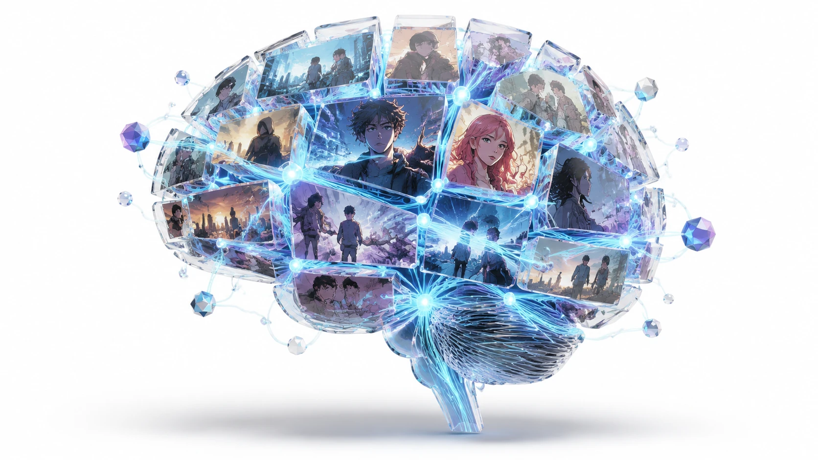 A 3D editorial visualization of a human brain silhouette constructed from glowing comic panel frames, with data ribbons and neurotransmitter