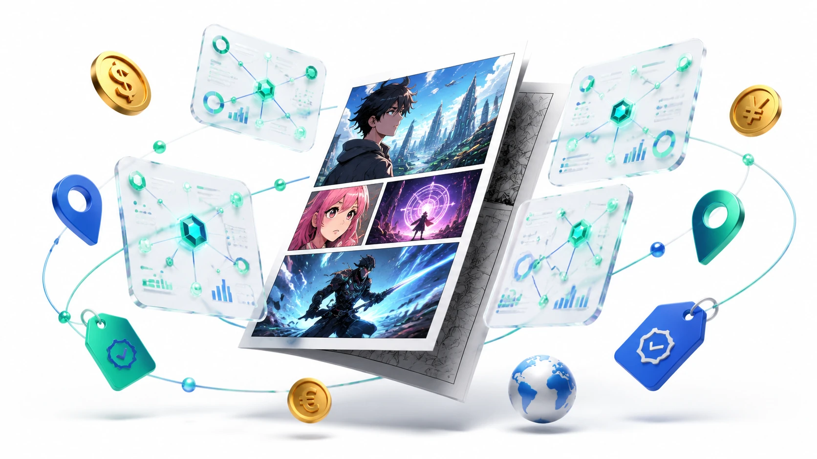 Floating glass cards representing digital contracts and comic panels, connected by glowing data threads on a clean white background.