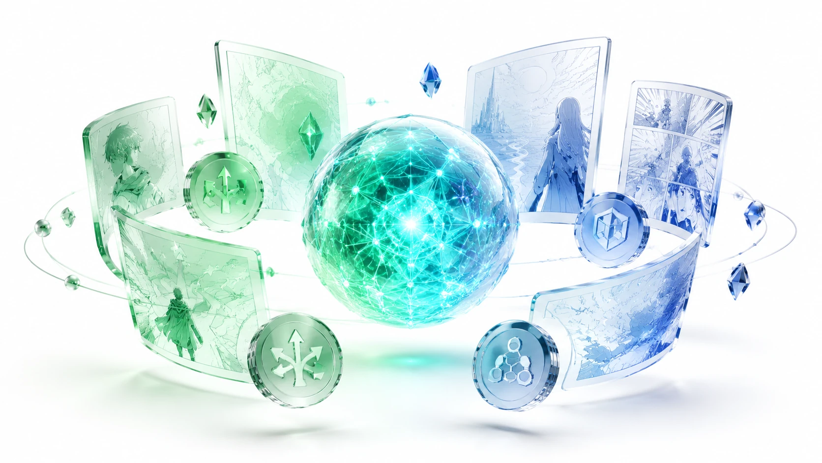 A 3D editorial composition showing a central webtoon panel surrounded by floating glass governance tokens and lore nodes, symbolizing commun
