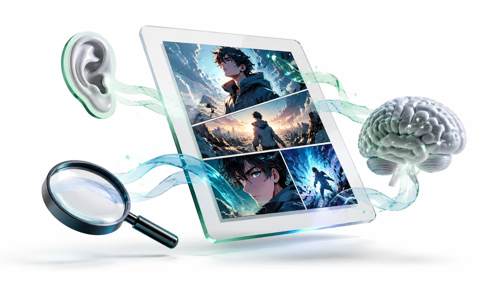 A floating 3D editorial composition showing a translucent tablet with accessible webtoon panels and abstract icons for visual, audio, and co