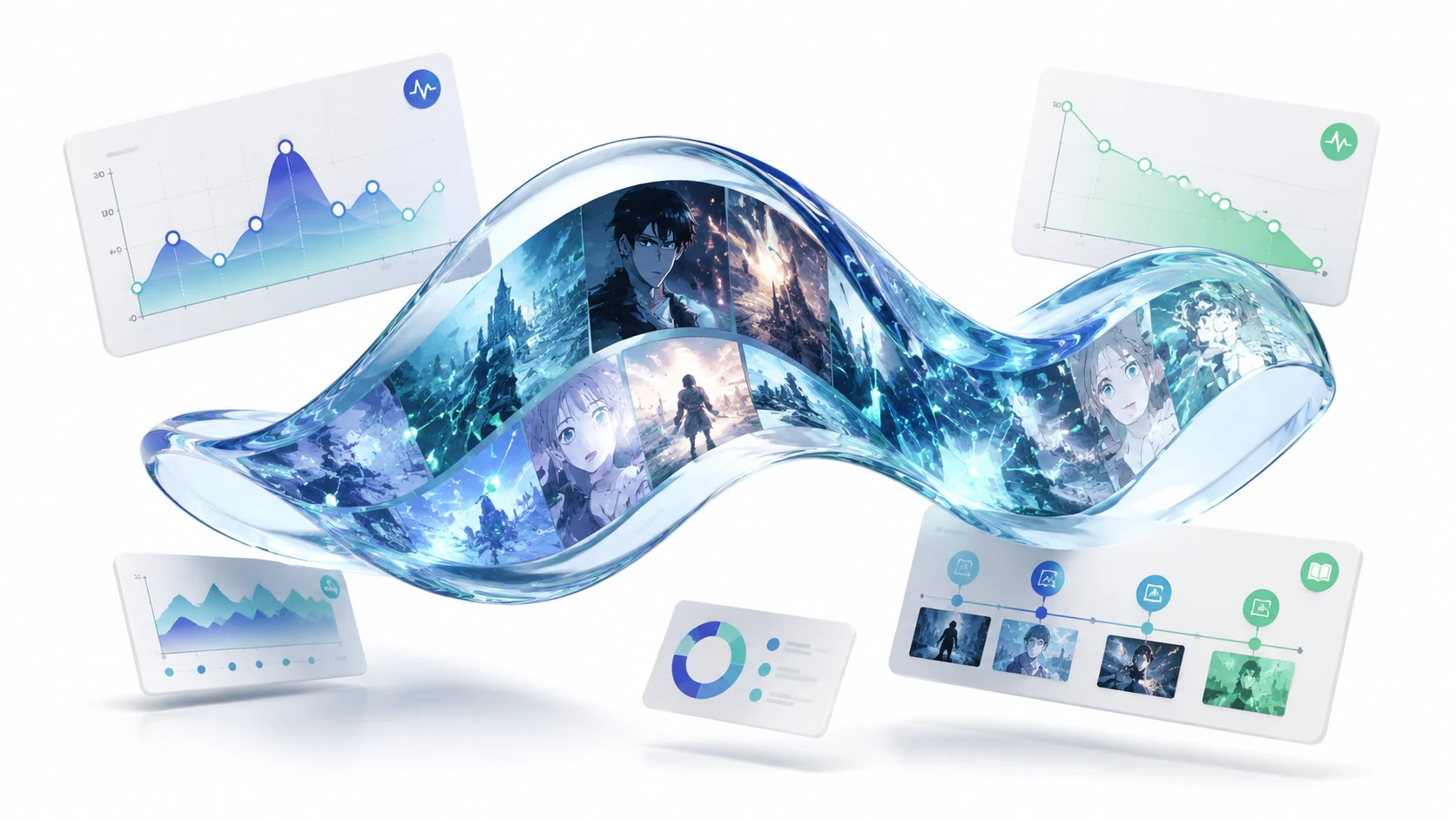 A floating 3D editorial composition showing a translucent glass wave representing reader attention, with comic panels and data points suspen